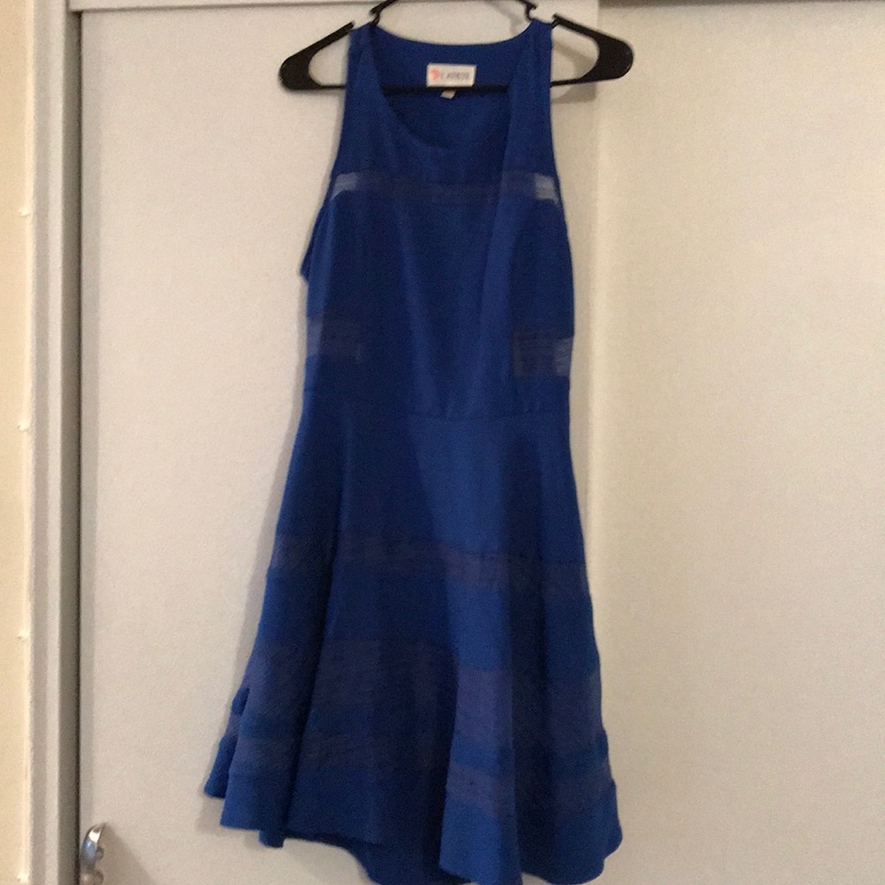 Blue mesh cutout midi a line dress